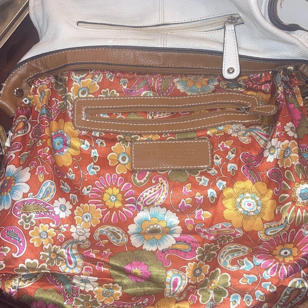 Genuine Leather Tignanello Elegant Crème and Brown Leather Shoulder Bag